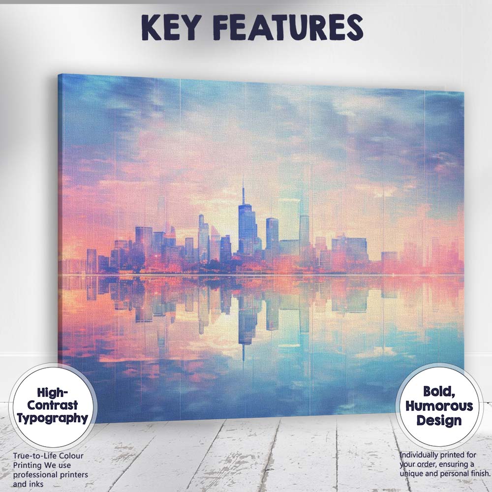 Dreamy Pastel Modern City Skyline Reflection Abstract Illustration Canvas Wall Art Print Decor Picture Ready to Hang