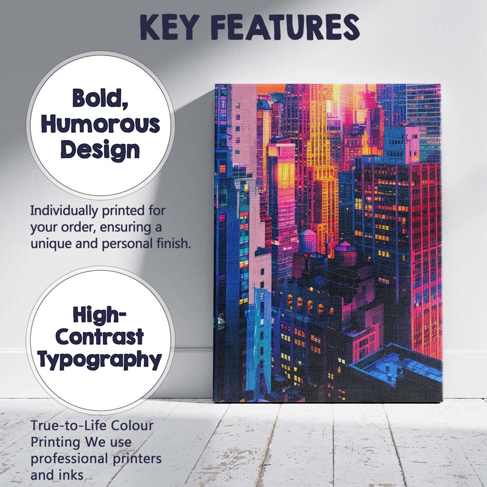 Vibrant Neon City Skyscrapers Sunset Urban Photography Canvas Wall Art Print Decor Picture Ready to Hang