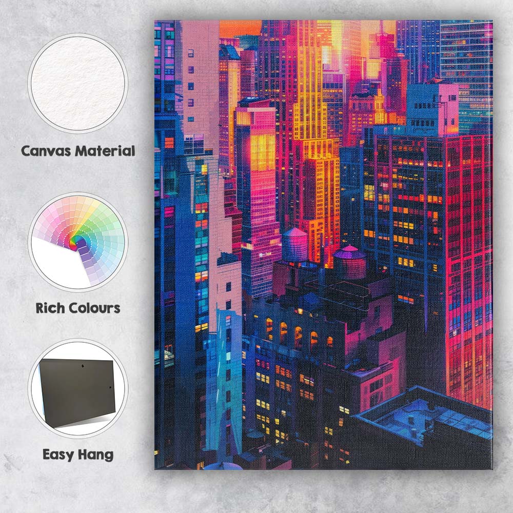 Vibrant Neon City Skyscrapers Sunset Urban Photography Canvas Wall Art Print Decor Picture Ready to Hang