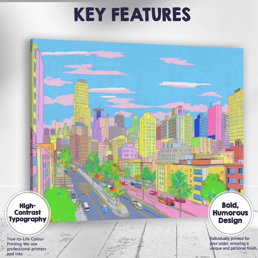 Pastel Modern City Street Skyline Illustration Canvas Wall Art Print Decor Picture Ready to Hang