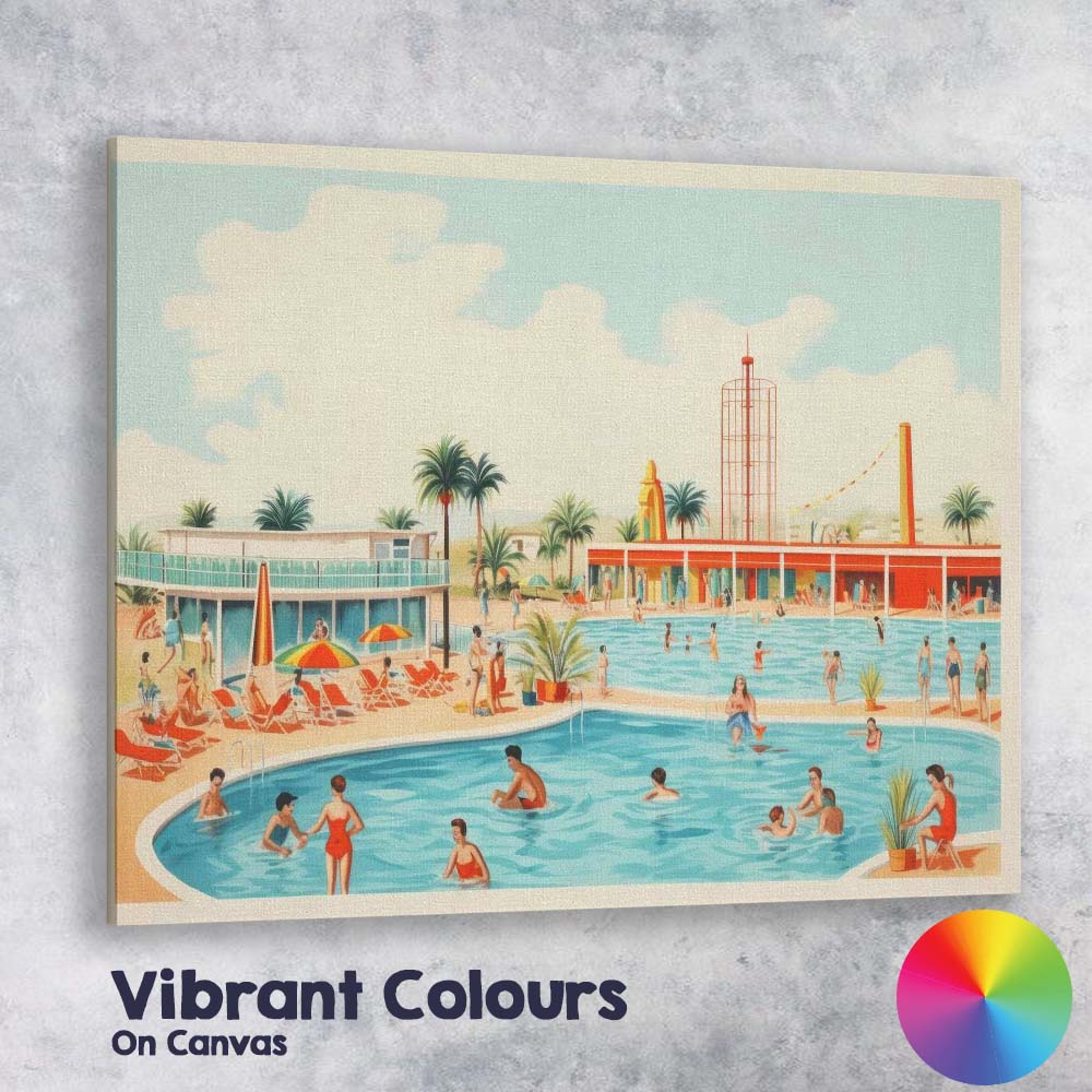 Retro Palm Springs Resort Swimming Pool Holiday Illustration Canvas Wall Art Print Decor Picture Ready to Hang