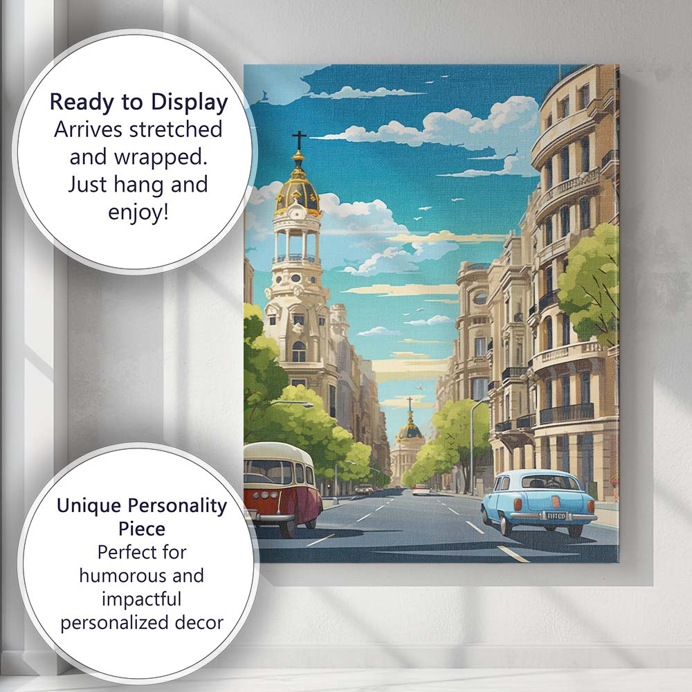 Elegant European Historic Boulevard Blue Sky Cityscape Canvas Wall Art Print Decor Picture Ready to Hang
