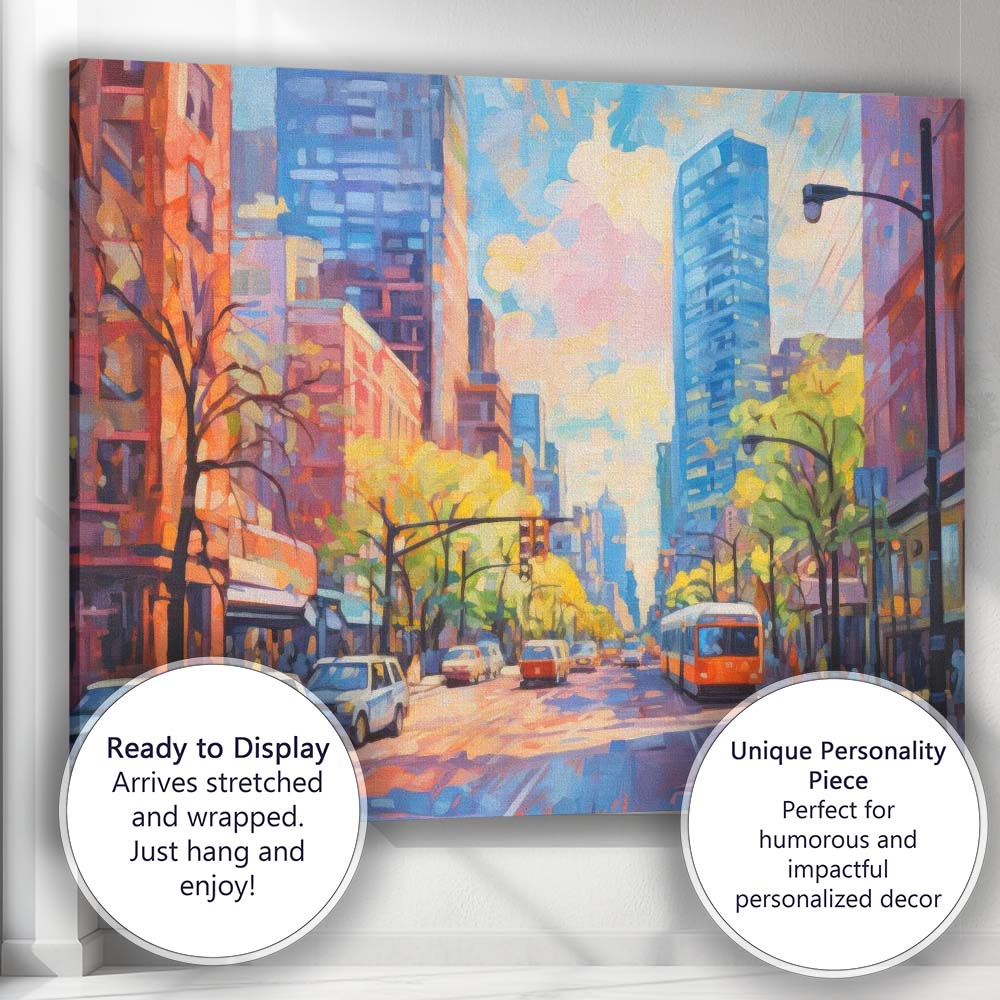 Colourful Modern City Street Impressionist Urban Skyline Canvas Wall Art Print Decor Picture Ready to Hang