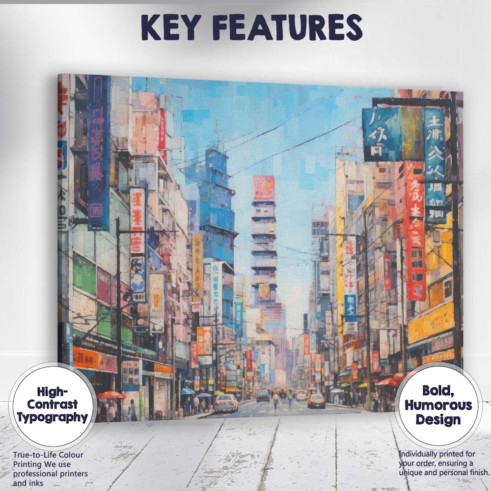 Vibrant Japanese City Street Neon Sign Urban Illustration Canvas Wall Art Print Decor Picture Ready to Hang