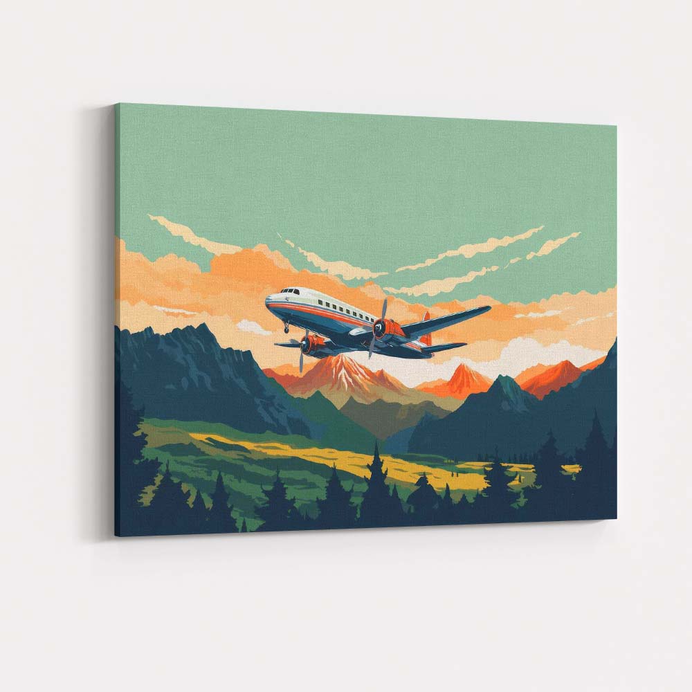 Retro Propeller Aeroplane Mountain Landscape Scenic Aviation Canvas Wall Art Print Decor Picture Ready to Hang