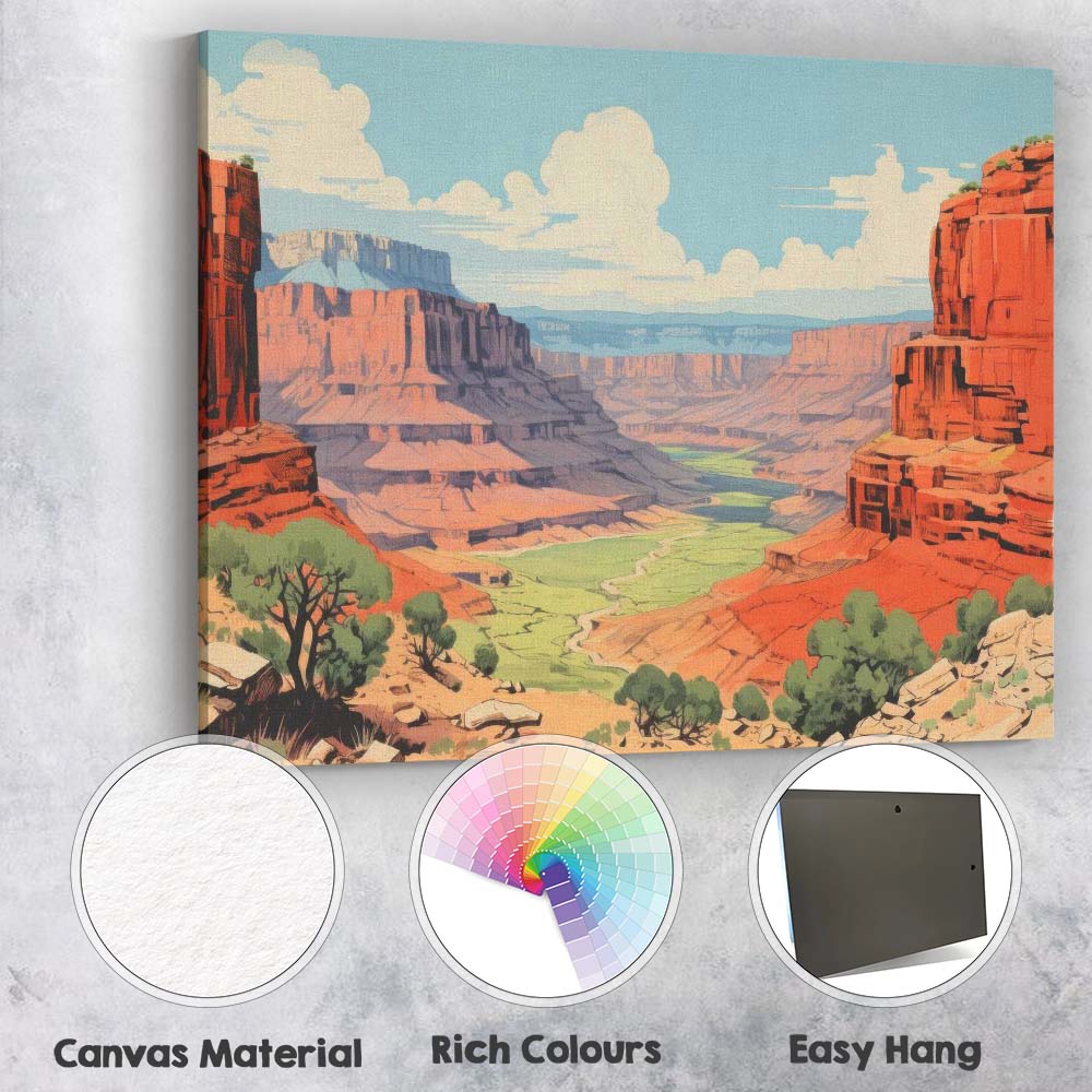 Stylised Red Rock Canyon Desert Landscape Scenic Illustration Canvas Wall Art Print Decor Picture Ready to Hang