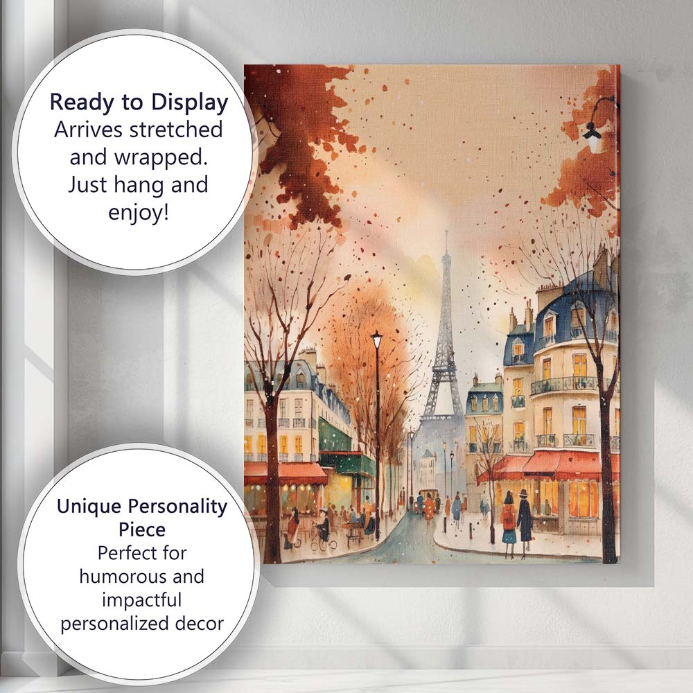 Romantic Paris Eiffel Tower Autumn Watercolour City Street Canvas Wall Art Print Decor Picture Ready to Hang