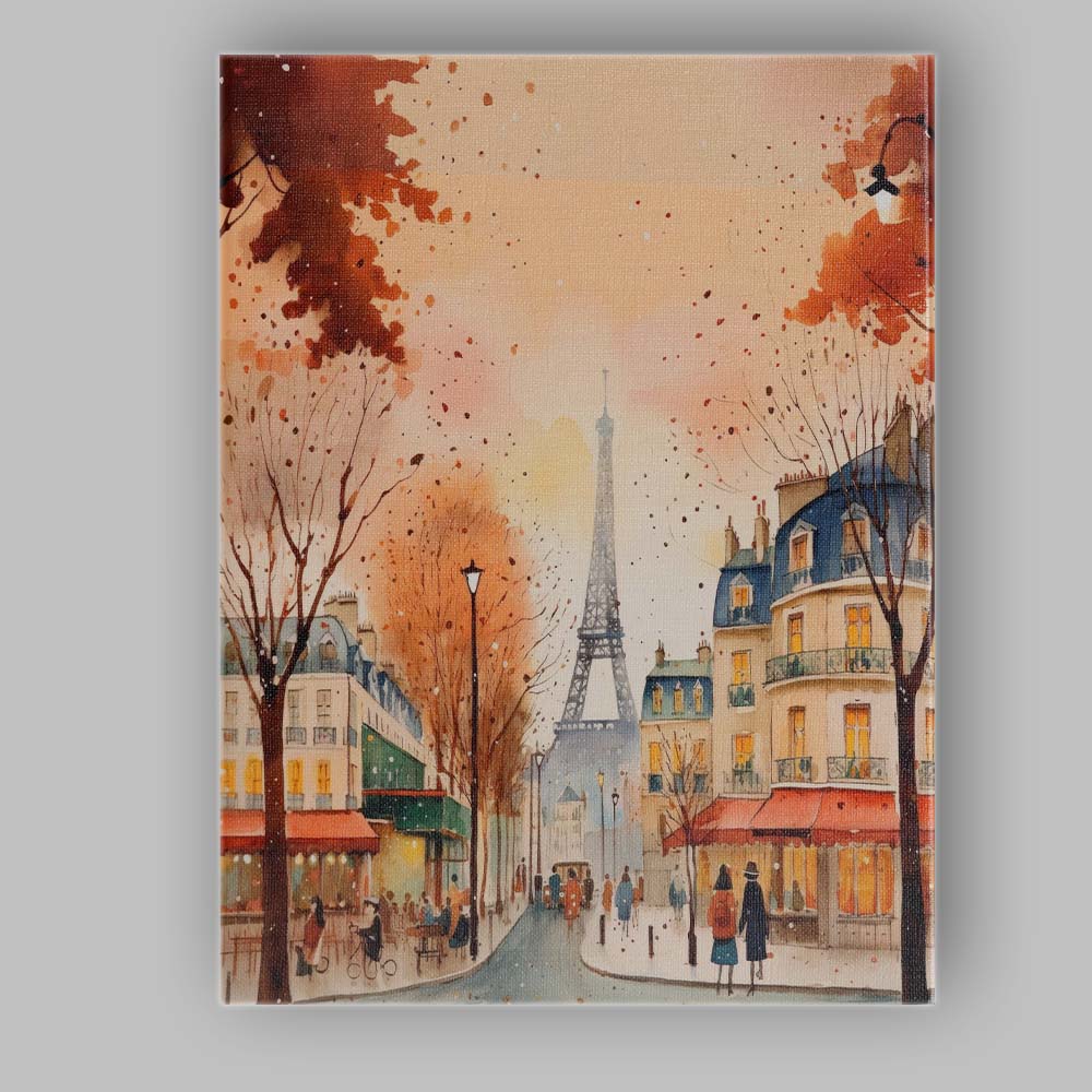 Romantic Paris Eiffel Tower Autumn Watercolour City Street Canvas Wall Art Print Decor Picture Ready to Hang