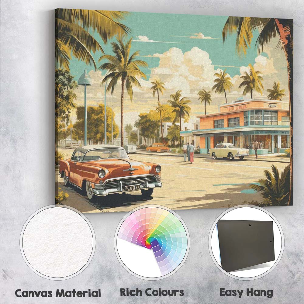 Retro Miami Beach Palm Trees Classic American Car Travel Poster Canvas Wall Art Print Decor Picture Ready to Hang
