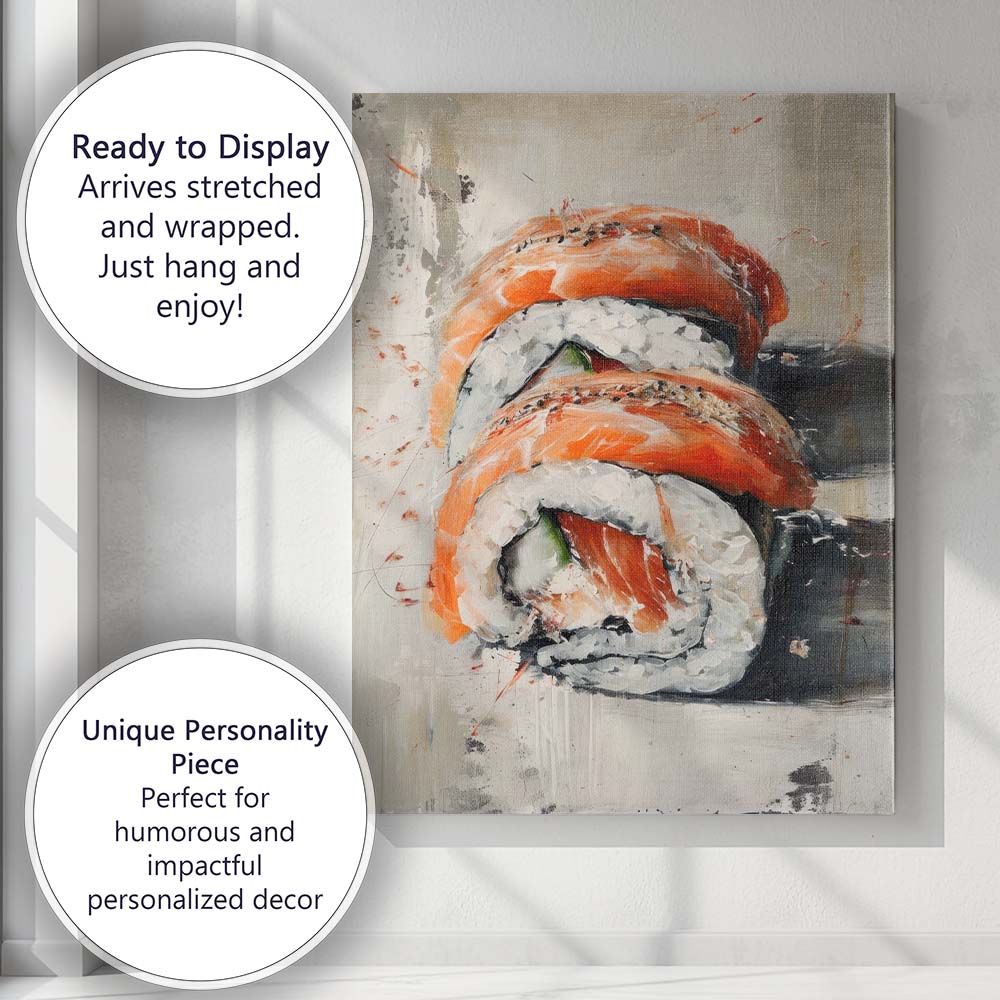 Textured Salmon Nigiri Sushi Modern Food Painting Canvas Wall Art Print Decor Picture Ready to Hang