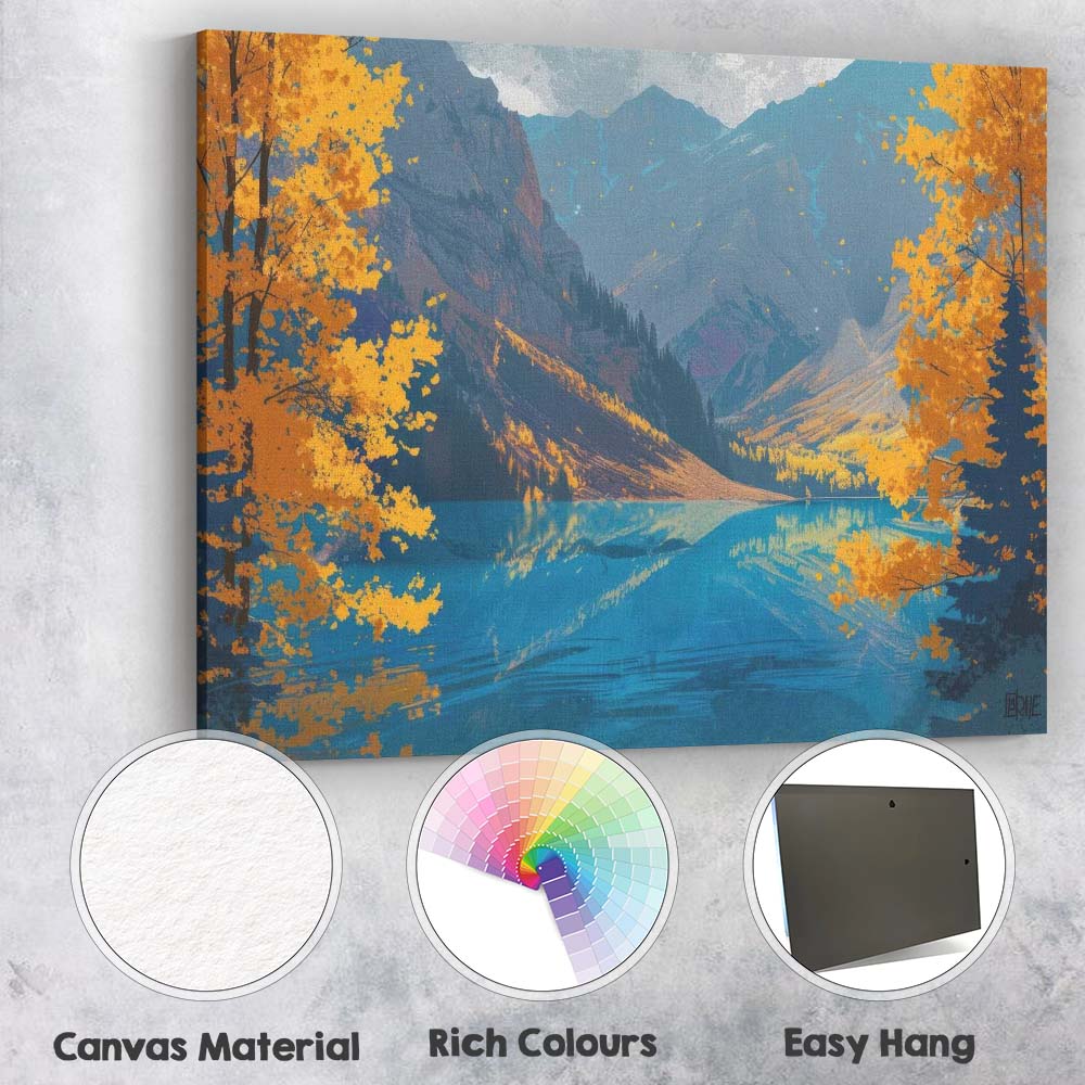 Golden Autumn Mountain Lake Scenic Landscape Illustration Canvas Wall Art Print Decor Picture Ready to Hang