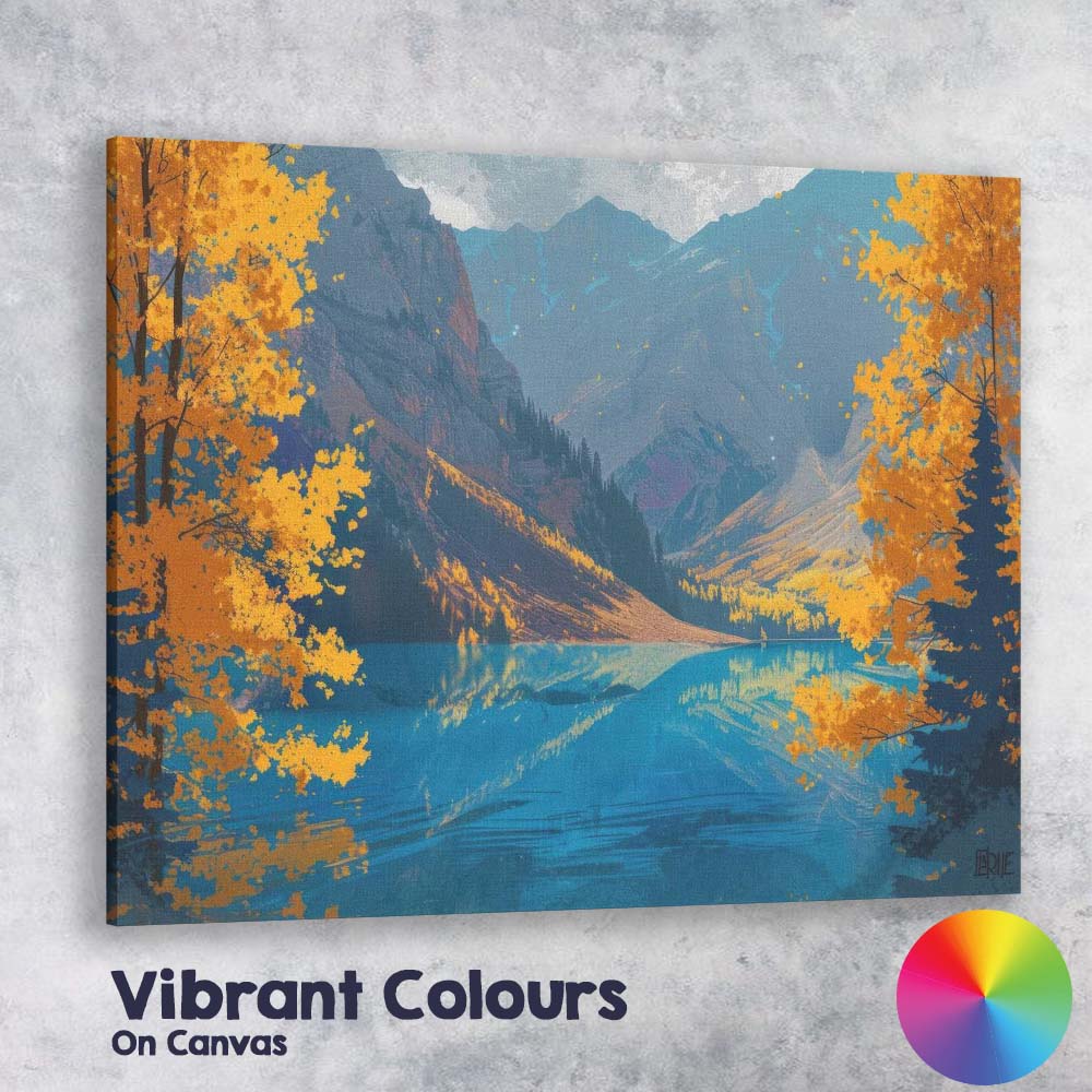 Golden Autumn Mountain Lake Scenic Landscape Illustration Canvas Wall Art Print Decor Picture Ready to Hang
