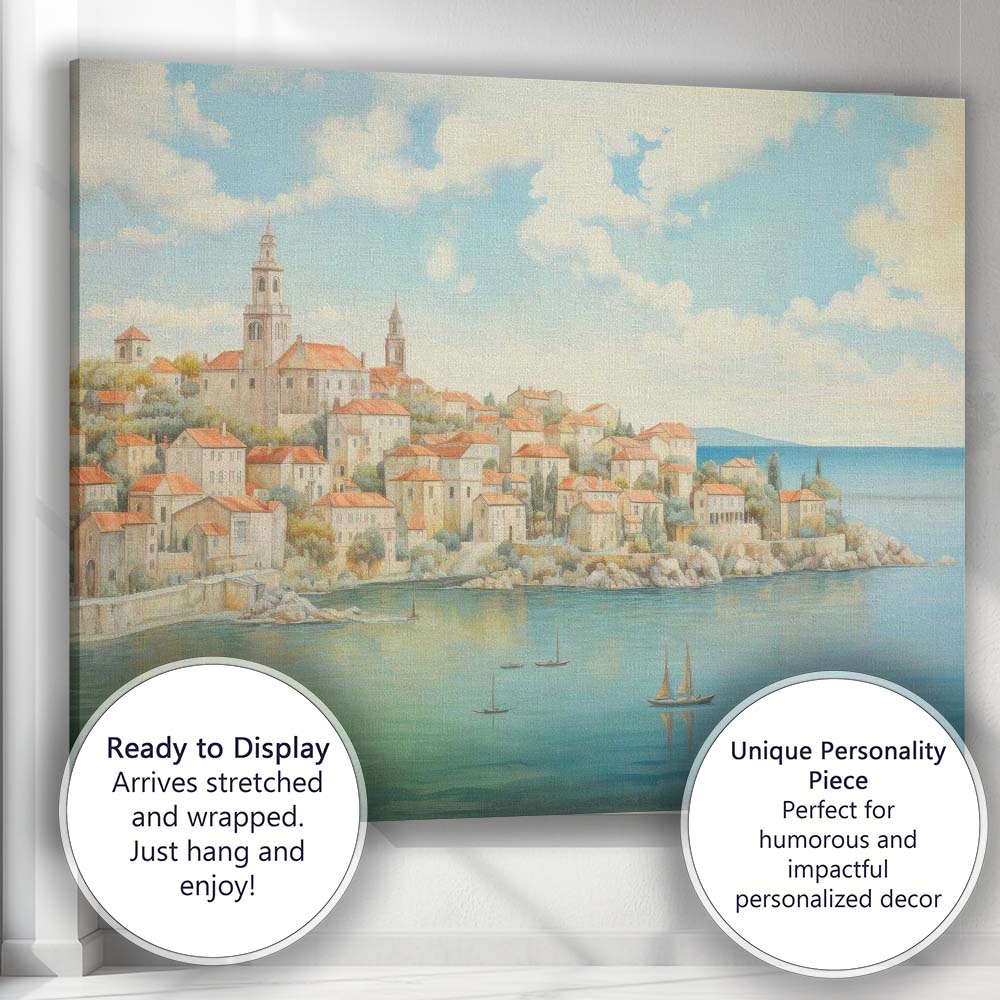 Mediterranean Coastal Village Seaside Harbour Painting Canvas Wall Art Print Decor Picture Ready to Hang