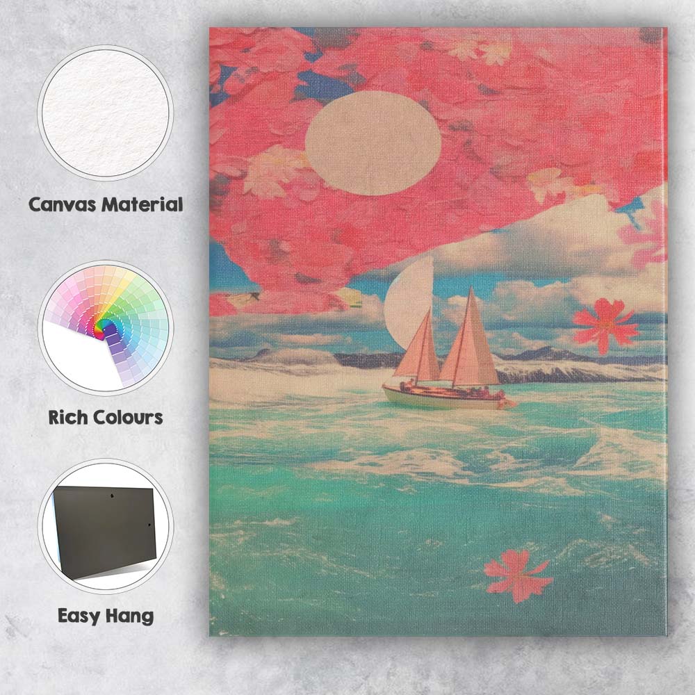 Dreamy Pink Floral Sailboat Ocean Collage Canvas Wall Art Print Decor Picture Ready to Hang
