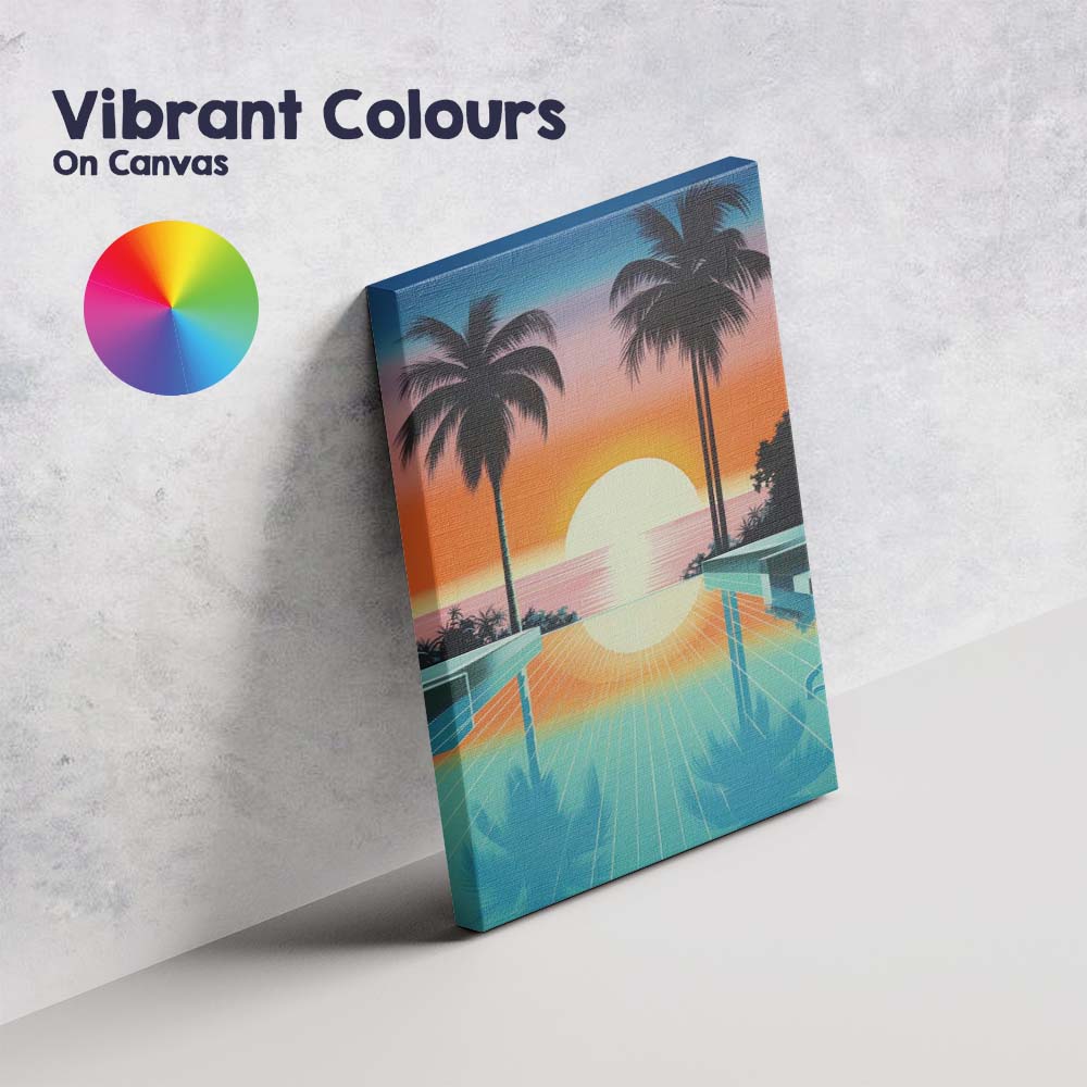 Retro Synthwave Tropical Palm Tree Sunset Reflection Canvas Wall Art Print Decor Picture Ready to Hang