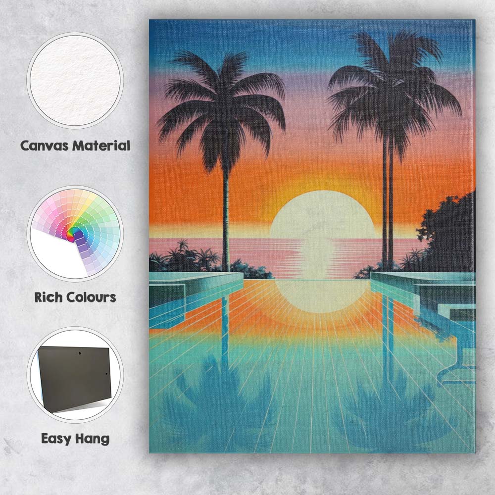 Retro Synthwave Tropical Palm Tree Sunset Reflection Canvas Wall Art Print Decor Picture Ready to Hang