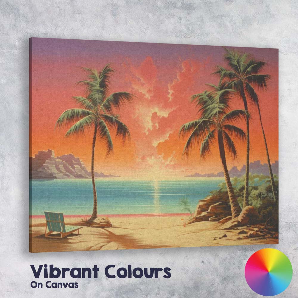 Tropical Beach Palm Trees Glowing Sunset Coastal Landscape Canvas Wall Art Print Decor Picture Ready to Hang