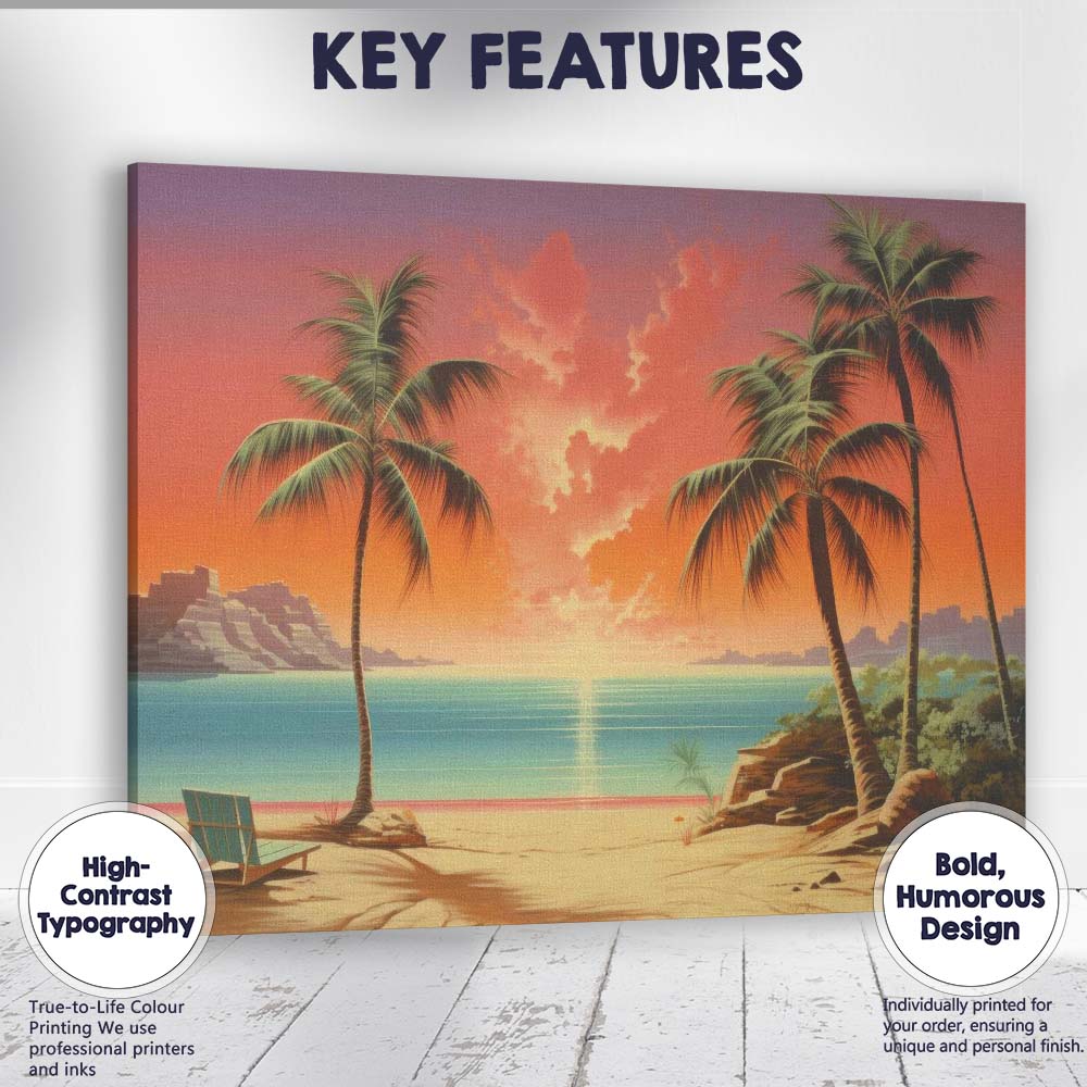 Tropical Beach Palm Trees Glowing Sunset Coastal Landscape Canvas Wall Art Print Decor Picture Ready to Hang