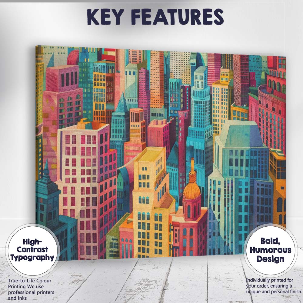 Abstract Colourful Modern City Skyline Geometric Architecture Canvas Wall Art Print Decor Picture Ready to Hang