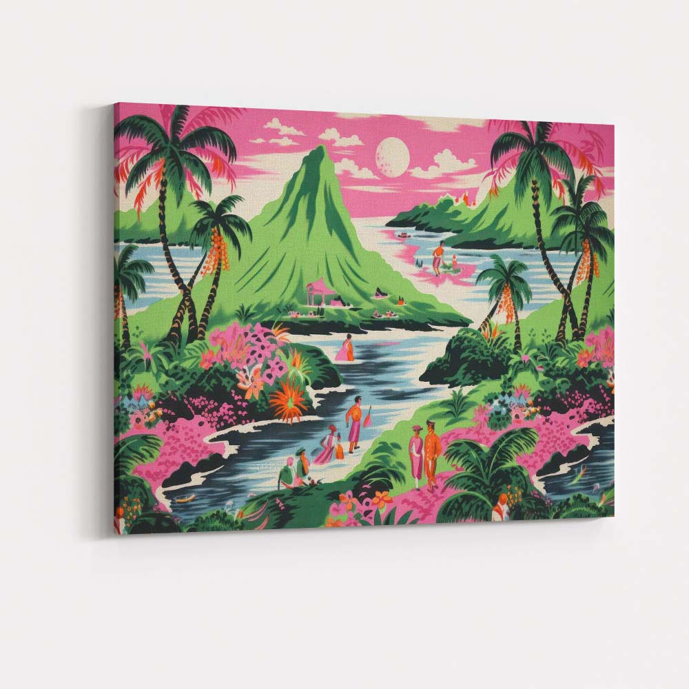 Tropical Pink Lagoon Palm Trees Island Paradise Landscape Canvas Wall Art Print Decor Picture Ready to Hang