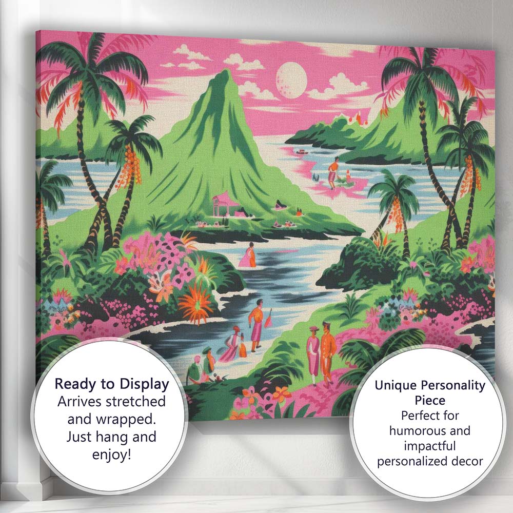 Tropical Pink Lagoon Palm Trees Island Paradise Landscape Canvas Wall Art Print Decor Picture Ready to Hang