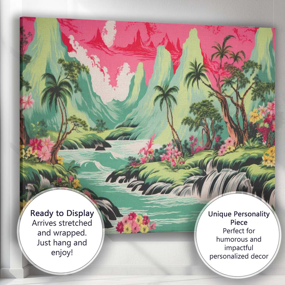 Tropical Waterfall Emerald Mountains Pink Sky Landscape Canvas Wall Art Print Decor Picture Ready to Hang