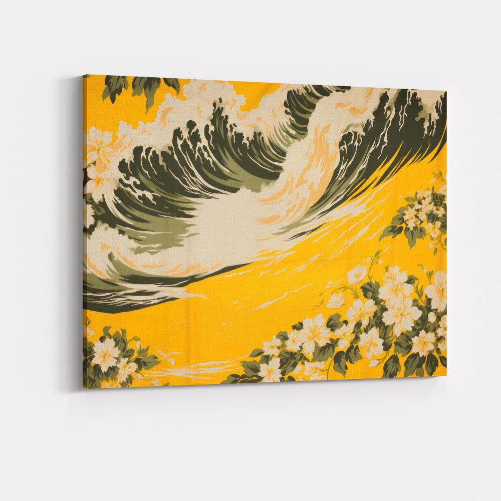 Golden Ocean Wave White Blossom Japanese Inspired Art Canvas Wall Art Print Decor Picture Ready to Hang