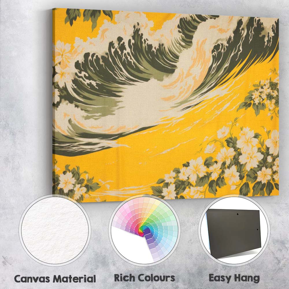 Golden Ocean Wave White Blossom Japanese Inspired Art Canvas Wall Art Print Decor Picture Ready to Hang