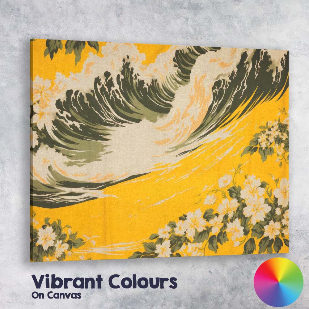 Golden Ocean Wave White Blossom Japanese Inspired Art Canvas Wall Art Print Decor Picture Ready to Hang