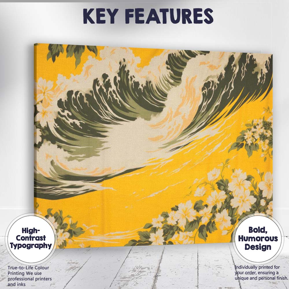 Golden Ocean Wave White Blossom Japanese Inspired Art Canvas Wall Art Print Decor Picture Ready to Hang