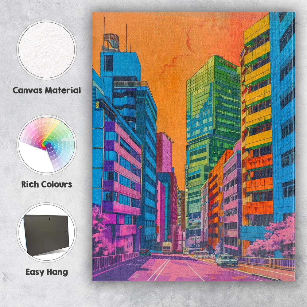 Vibrant Sunset City Street Modern Urban Architecture Canvas Wall Art Print Decor Picture Ready to Hang