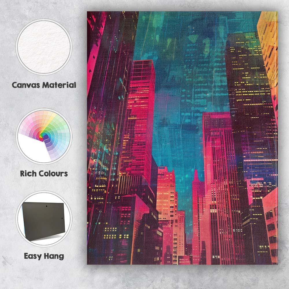 Neon Night City Skyline Cyberpunk Skyscrapers Canvas Wall Art Print Decor Picture Ready to Hang