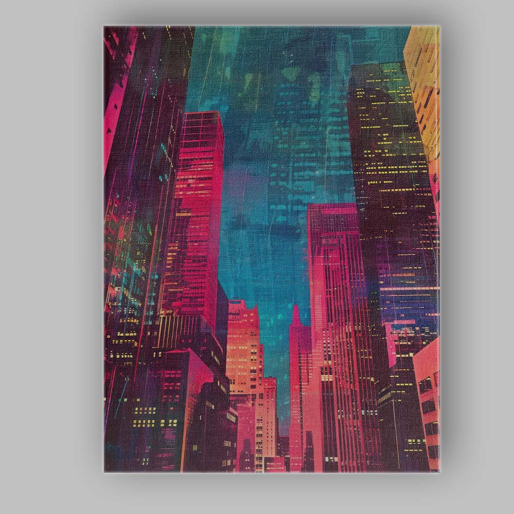 Neon Night City Skyline Cyberpunk Skyscrapers Canvas Wall Art Print Decor Picture Ready to Hang