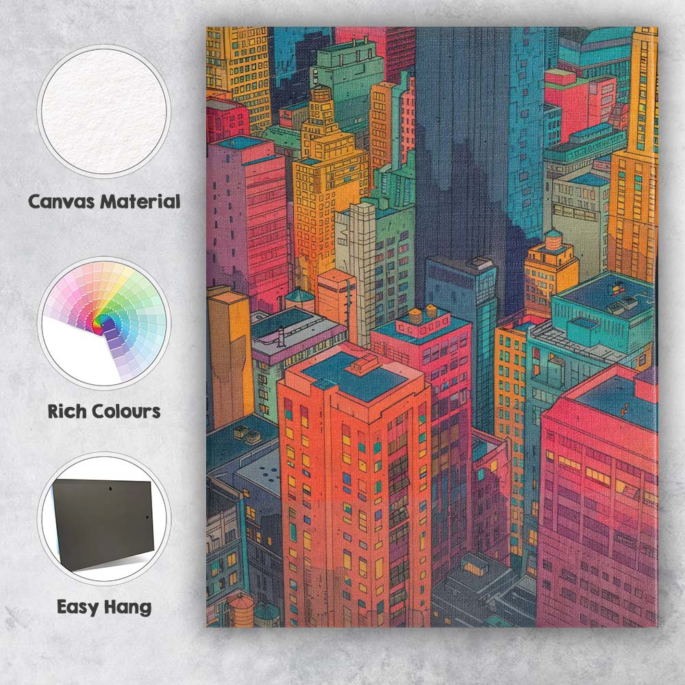 Colourful Illustrated Downtown City Buildings Skyline Canvas Wall Art Print Decor Picture Ready to Hang