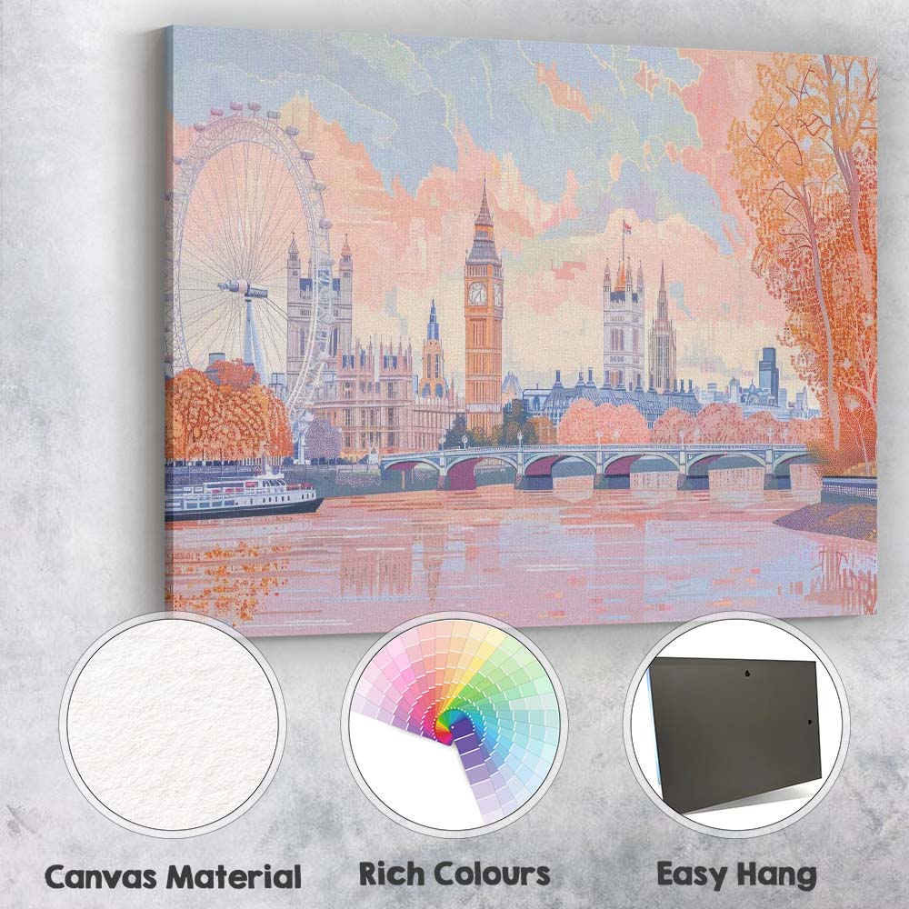 Soft Pastel Westminster London Skyline Riverside Illustration Canvas Wall Art Print Decor Picture Ready to Hang