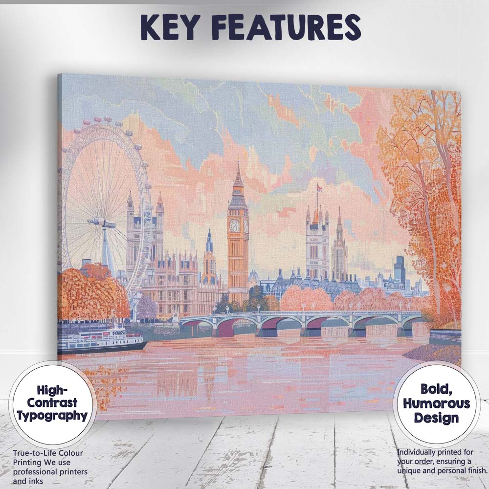 Soft Pastel Westminster London Skyline Riverside Illustration Canvas Wall Art Print Decor Picture Ready to Hang