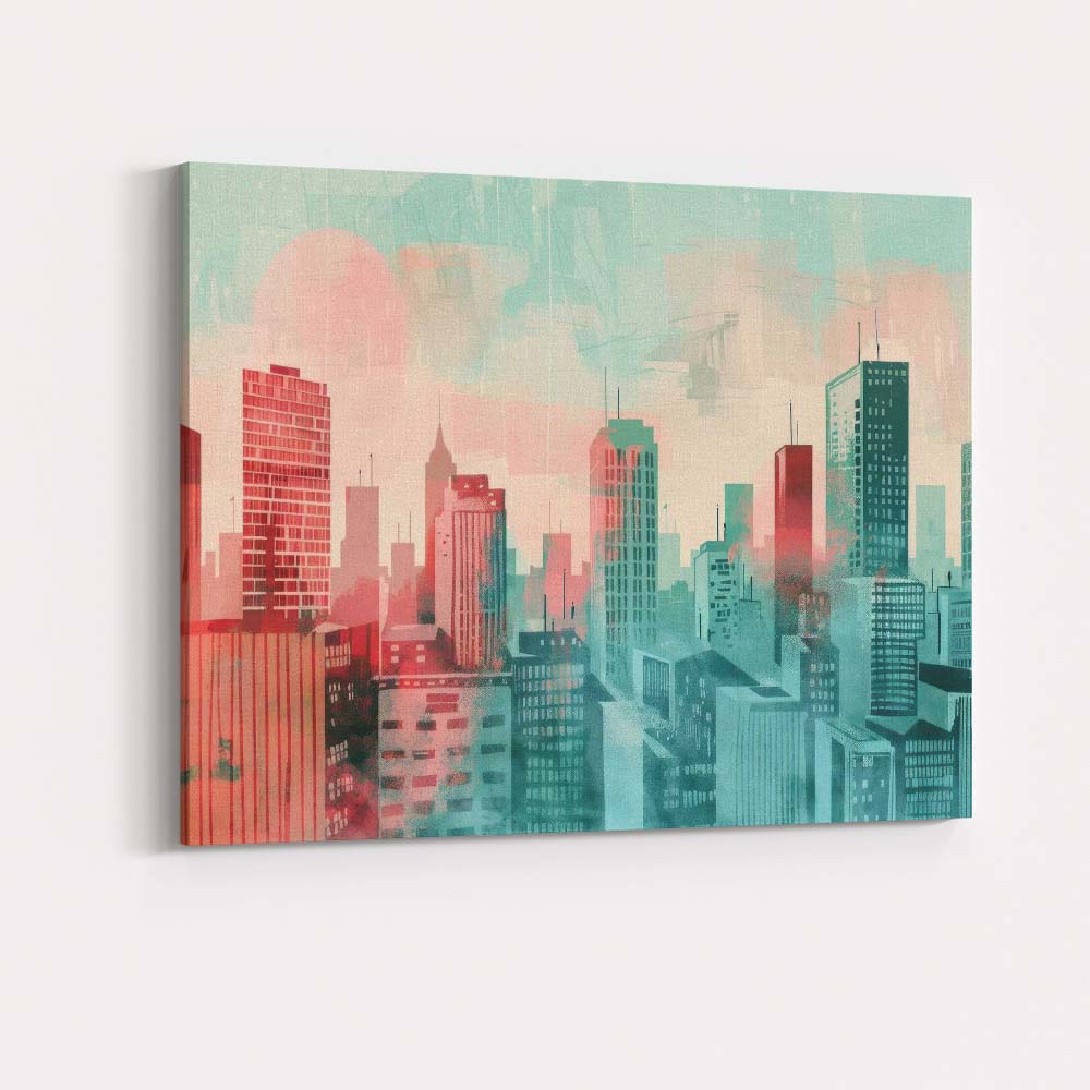 Abstract Pastel Modern City Skyline Watercolour Illustration Canvas Wall Art Print Decor Picture Ready to Hang