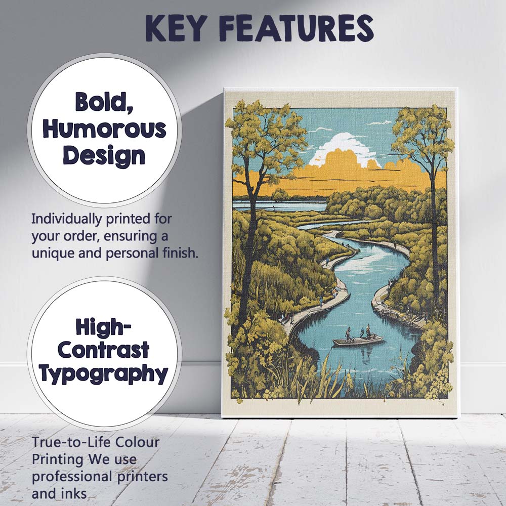 Peaceful River Wetlands Nature Scenic Landscape Illustration Canvas Wall Art Print Decor Picture Ready to Hang