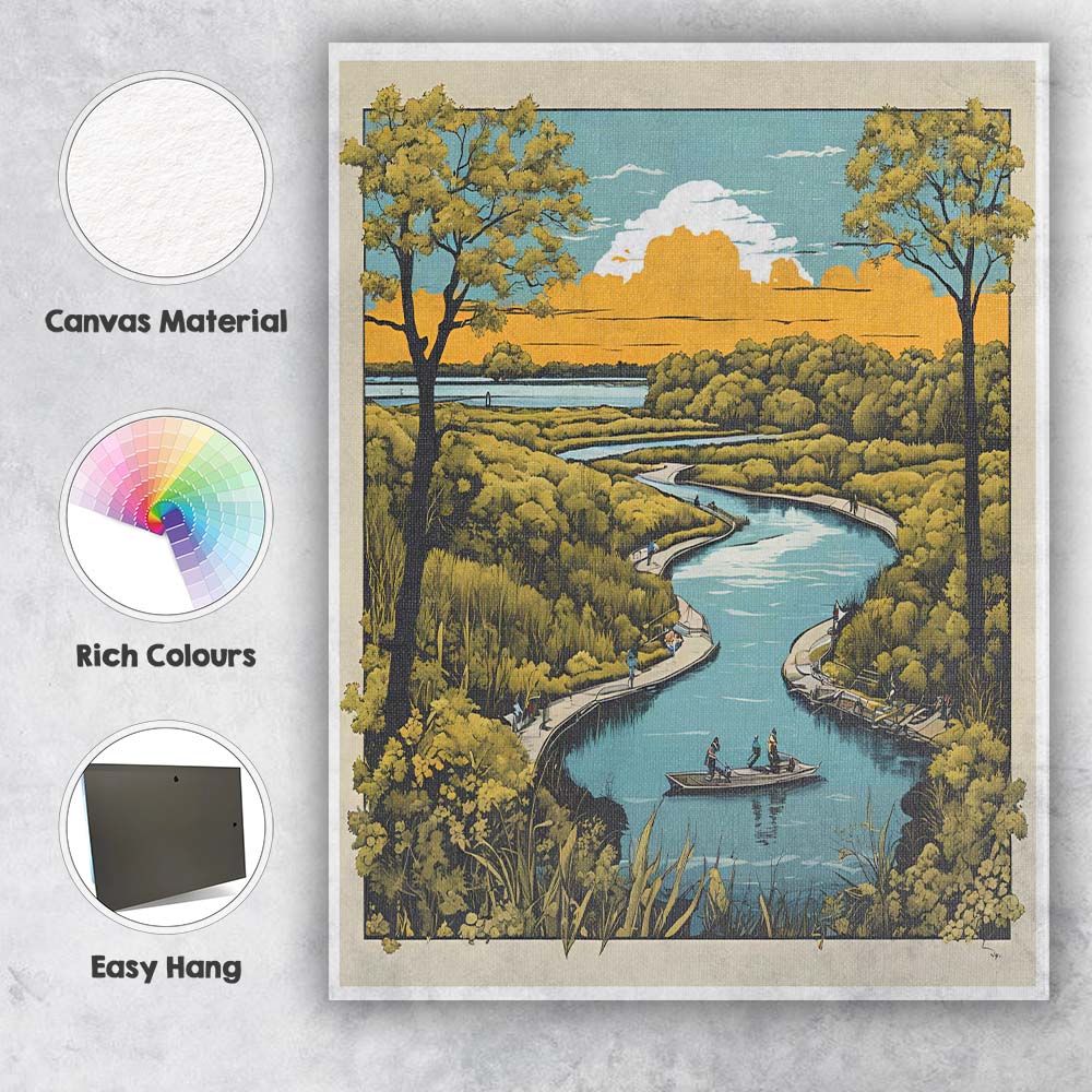 Peaceful River Wetlands Nature Scenic Landscape Illustration Canvas Wall Art Print Decor Picture Ready to Hang