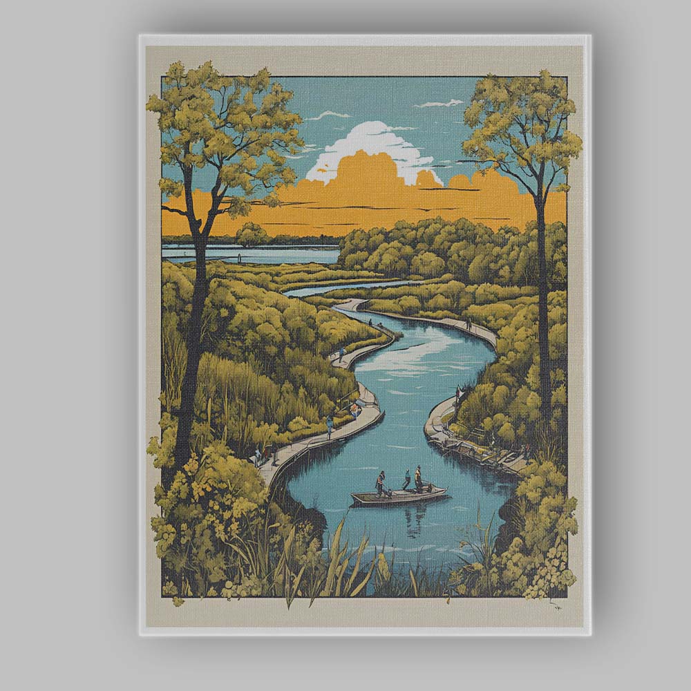 Peaceful River Wetlands Nature Scenic Landscape Illustration Canvas Wall Art Print Decor Picture Ready to Hang