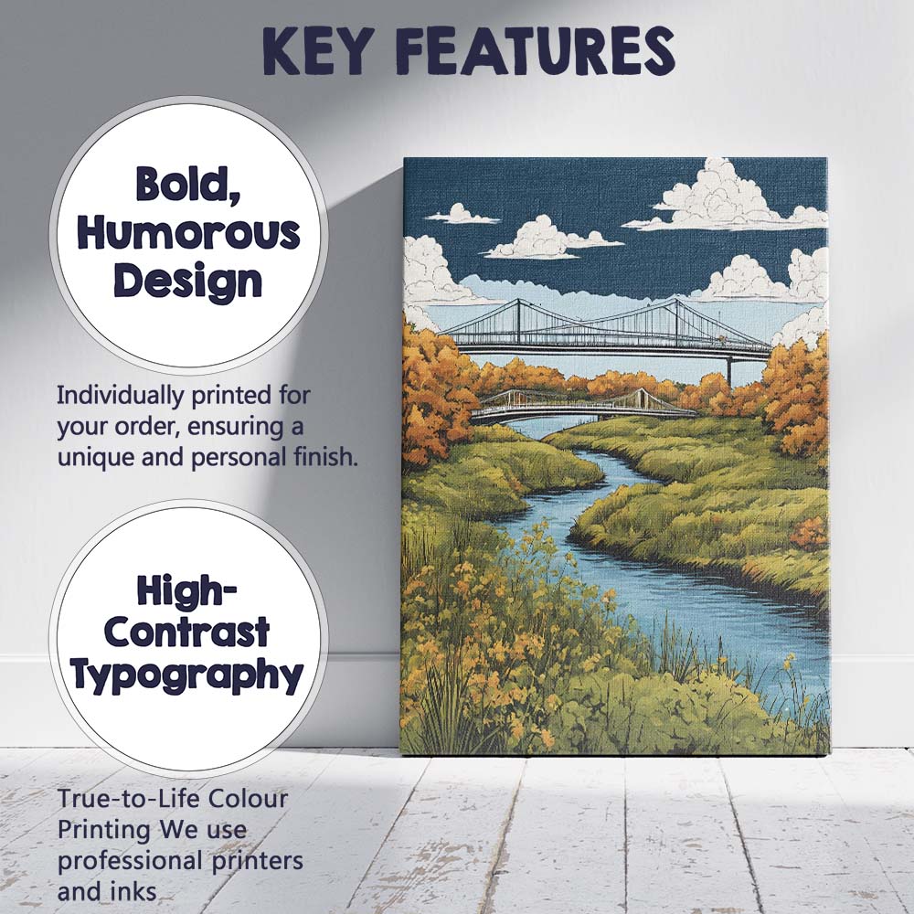 Scenic River Bridge Countryside Autumn Landscape Illustration Canvas Wall Art Print Decor Picture Ready to Hang