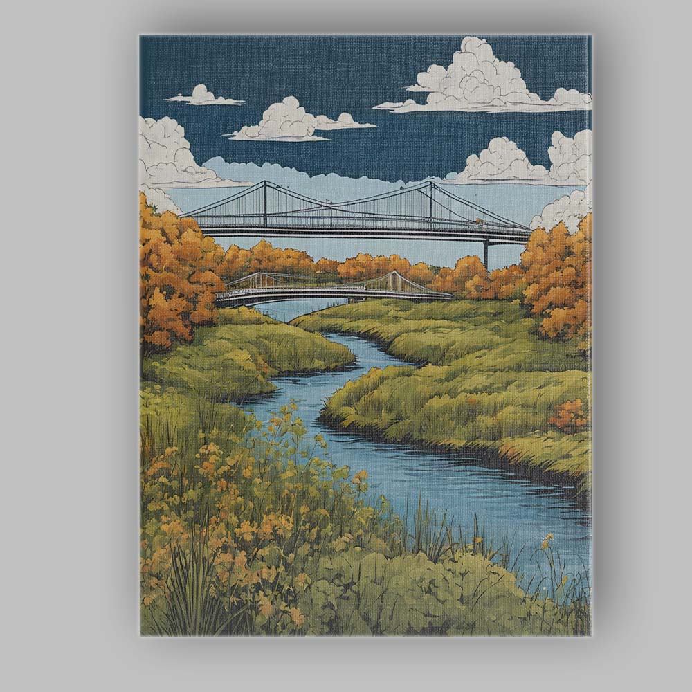 Scenic River Bridge Countryside Autumn Landscape Illustration Canvas Wall Art Print Decor Picture Ready to Hang