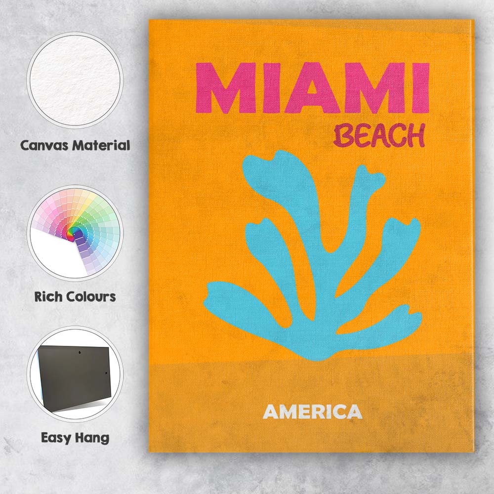 Bold Miami Beach Tropical Typography Coral Silhouette Canvas Wall Art Print Decor Picture Ready to Hang