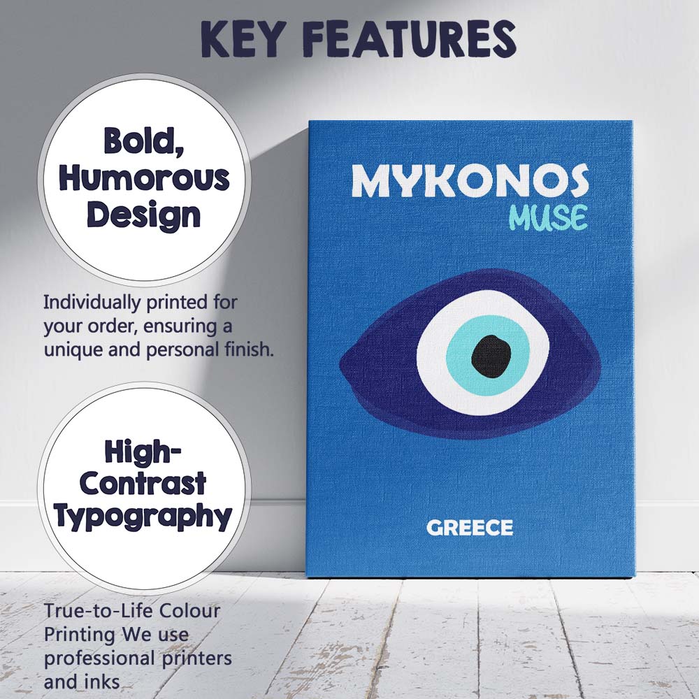 Minimal Evil Eye Mykonos Muse Greece Travel Poster Canvas Wall Art Print Decor Picture Ready to Hang