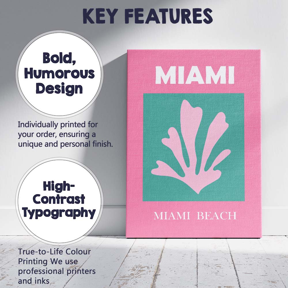 Pink Coral Miami Beach Tropical Coastal Travel Poster Canvas Wall Art Print Decor Picture Ready to Hang