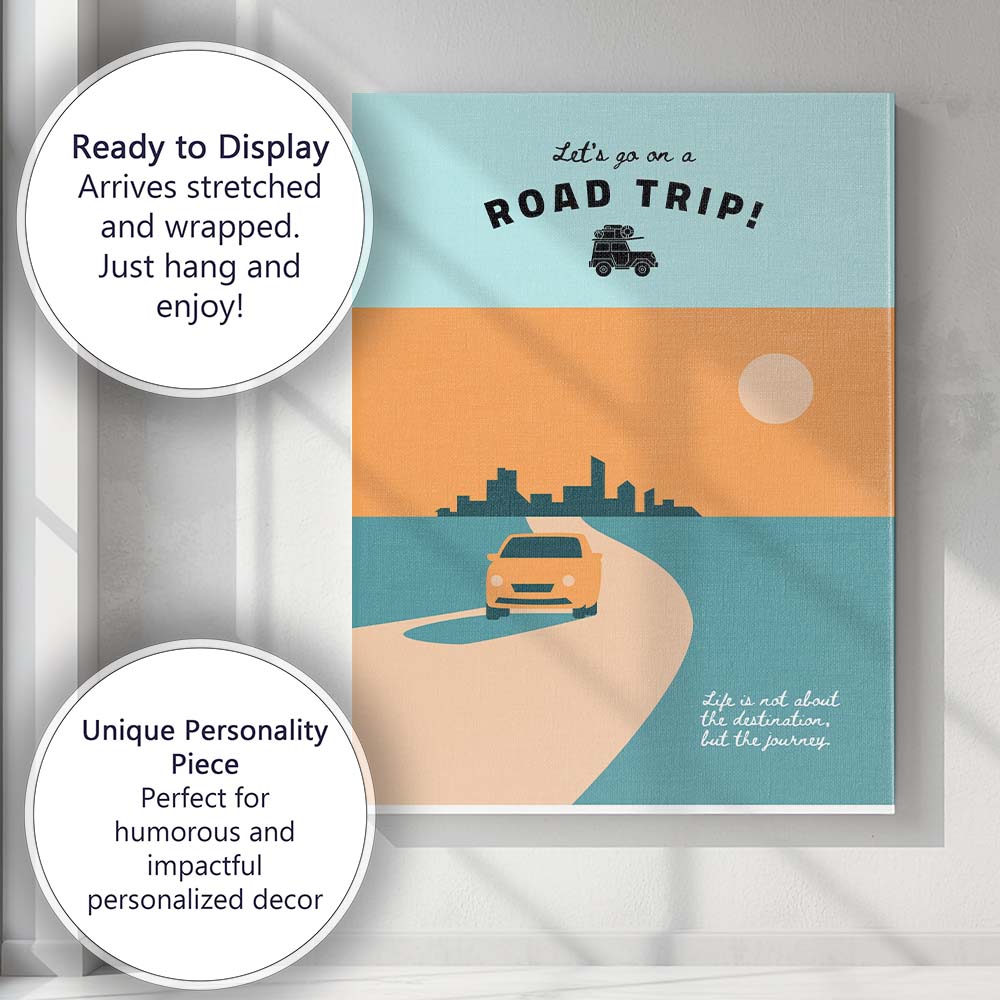 Lets Go On A Road Trip Minimalist Travel Quote Car Illustration Canvas Wall Art Print Decor Picture Ready to Hang