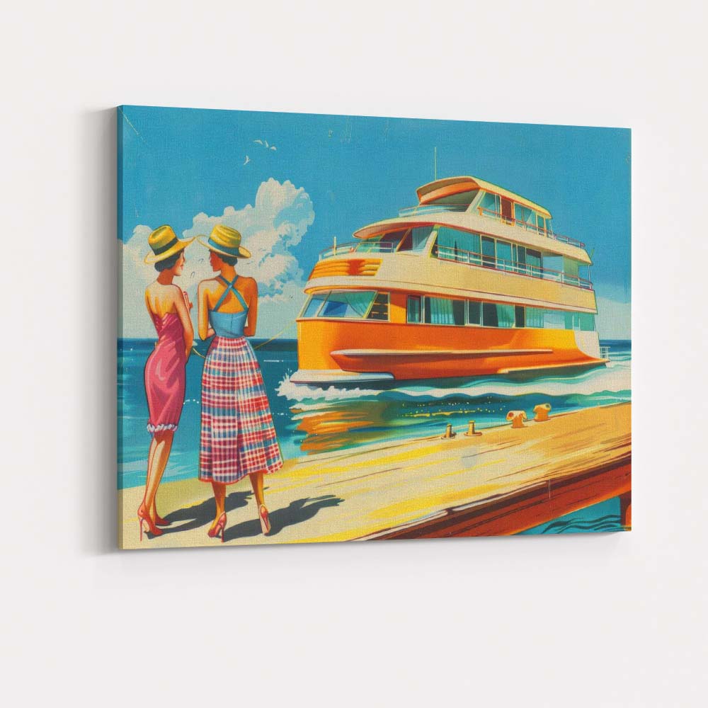 Retro Luxury Yacht Marina Summer Holiday Illustration Canvas Wall Art Print Decor Picture Ready to Hang