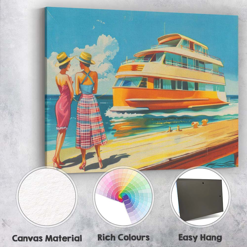 Retro Luxury Yacht Marina Summer Holiday Illustration Canvas Wall Art Print Decor Picture Ready to Hang