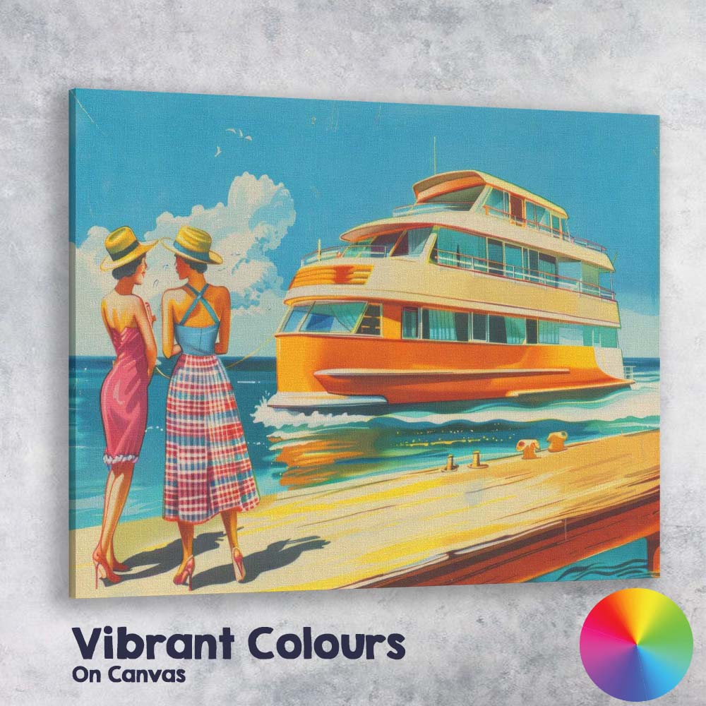 Retro Luxury Yacht Marina Summer Holiday Illustration Canvas Wall Art Print Decor Picture Ready to Hang