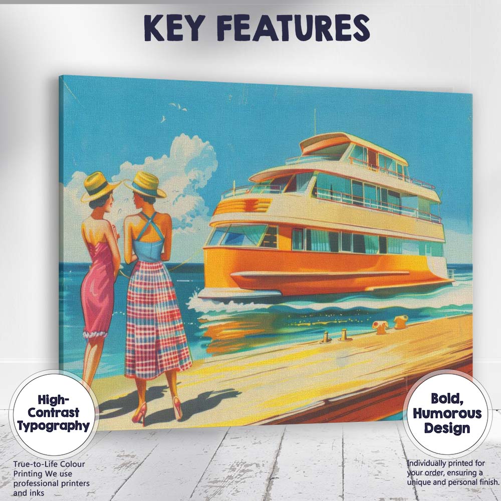 Retro Luxury Yacht Marina Summer Holiday Illustration Canvas Wall Art Print Decor Picture Ready to Hang
